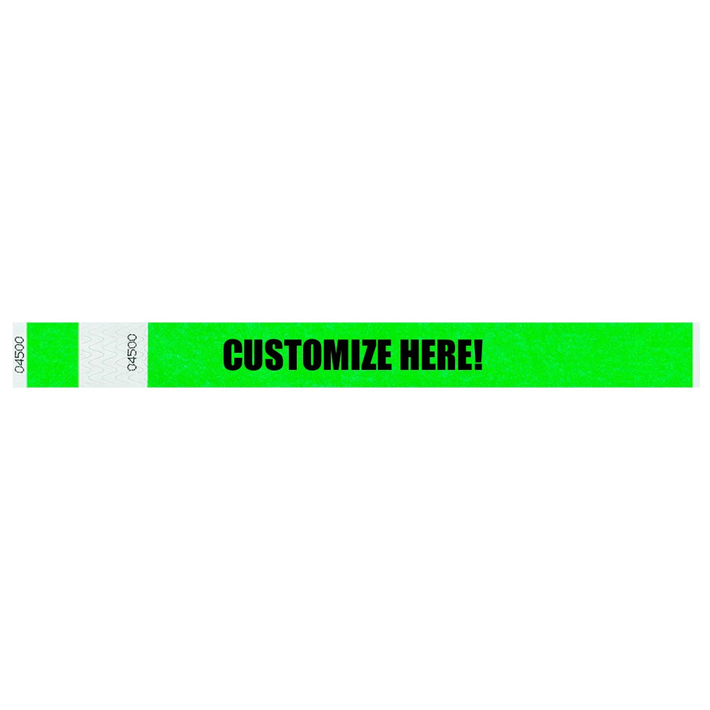 Tyvek 1" stub wristband in neon green with black text "CUSTOMIZE HERE!" - shown in flat 