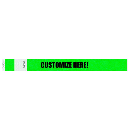 Tyvek 1" stub wristband in neon green with black text "CUSTOMIZE HERE!" - shown in flat 