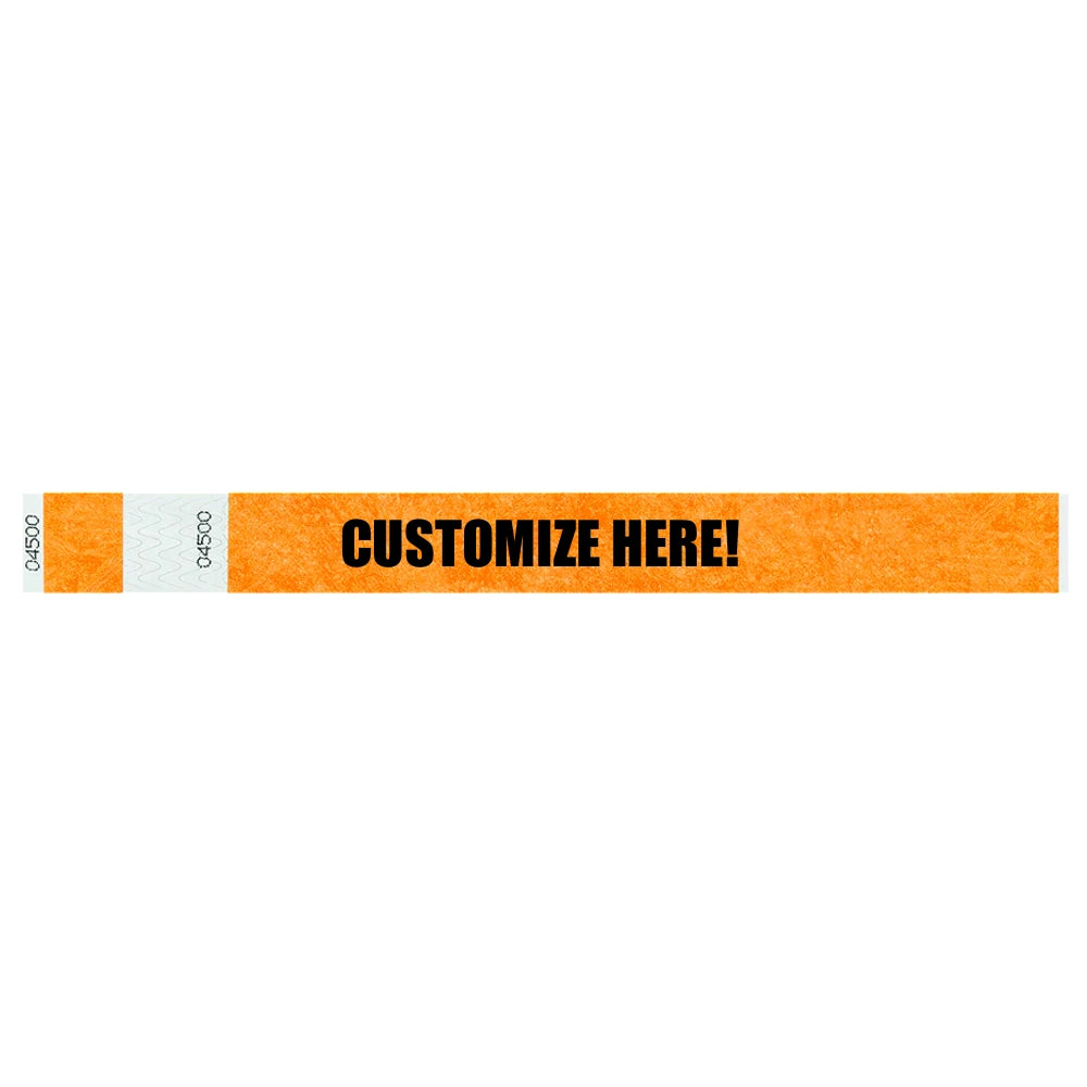Tyvek 1" stub wristband in neon orange with black text "CUSTOMIZE HERE!" - shown in flat 