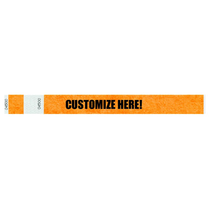 Tyvek 1" stub wristband in neon orange with black text "CUSTOMIZE HERE!" - shown in flat 