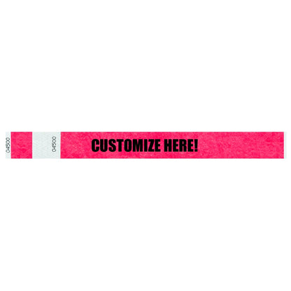 Tyvek 1" stub wristband in neon pink with black text "CUSTOMIZE HERE!" - shown in flat 