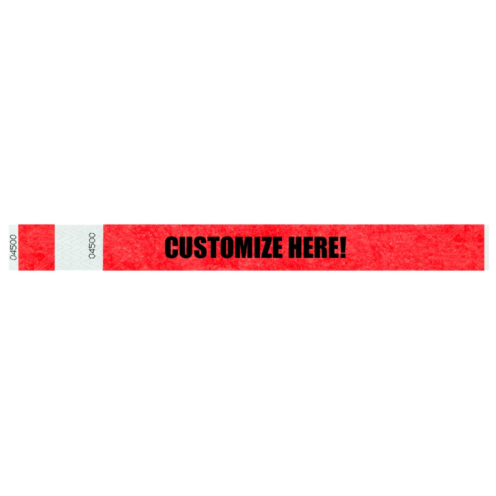 Tyvek 1" stub wristband in neon red with black text "CUSTOMIZE HERE!" - shown in flat 