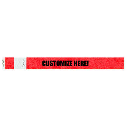 Tyvek 1" stub wristband in neon red with black text "CUSTOMIZE HERE!" - shown in flat 