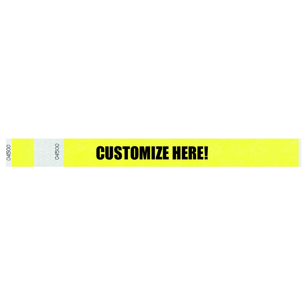 Tyvek 1" stub wristband in neon yellow with black text "CUSTOMIZE HERE!" - shown in flat 