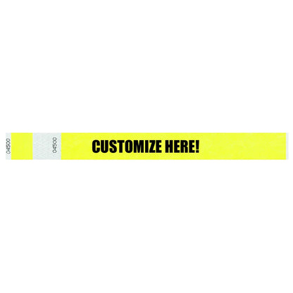 Tyvek 1" stub wristband in neon yellow with black text "CUSTOMIZE HERE!" - shown in flat 
