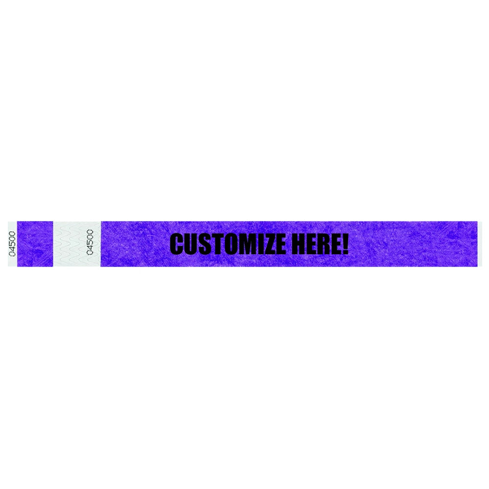 Tyvek 1" stub wristband in purple with black text "CUSTOMIZE HERE!" - shown in flat 