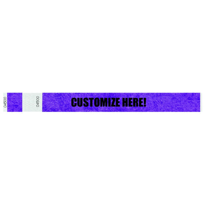 Tyvek 1" stub wristband in purple with black text "CUSTOMIZE HERE!" - shown in flat 