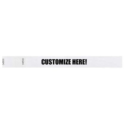 Tyvek 1" stub wristband in white with black text "CUSTOMIZE HERE!" - shown in flat 