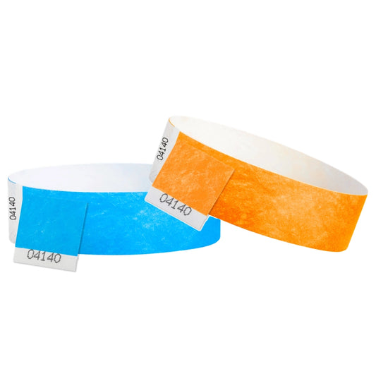 tyvek 3/4" detachable stub wristbands in neon blue and neon orange
