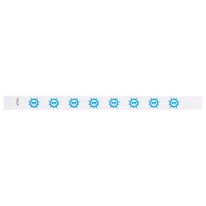 White tyvek wristband with neon blue sunface design - flat version shown