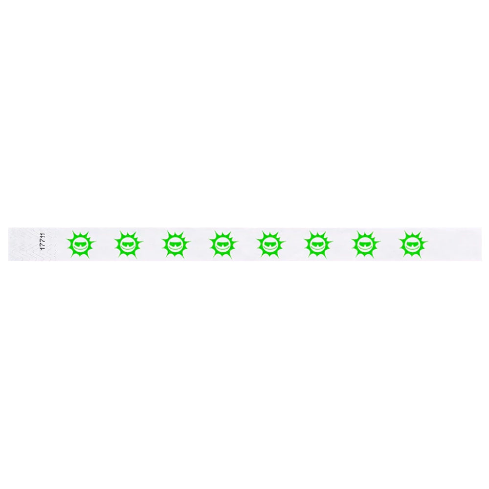 White tyvek wristband with neon green sunface design - flat version shown