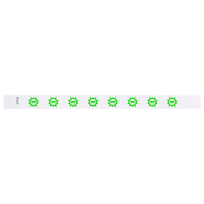 White tyvek wristband with neon green sunface design - flat version shown
