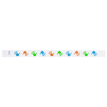 White tyvek wristband with neon orange, neon green and neon blue handprints - flat version shown