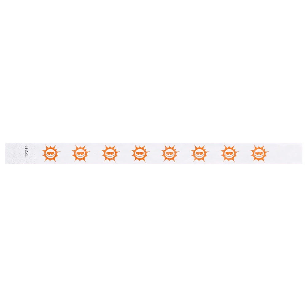White tyvek wristband with neon orange sunface design - flat version shown