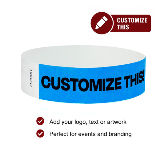 Cover for tyvek 3/4 wristband - with a blue wristband in round with text "CUSTOMIZE THIS!". 
