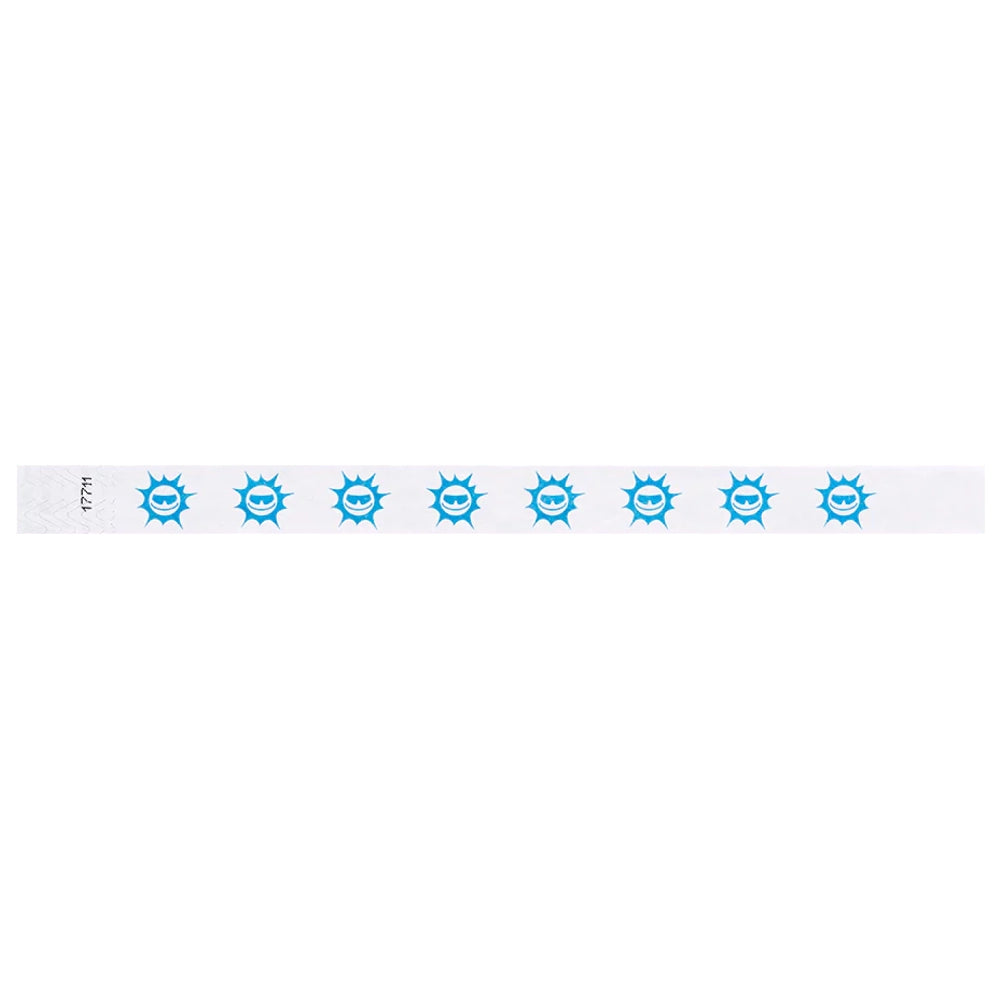 white tyvek wristband with neon blue sun pattern repeated