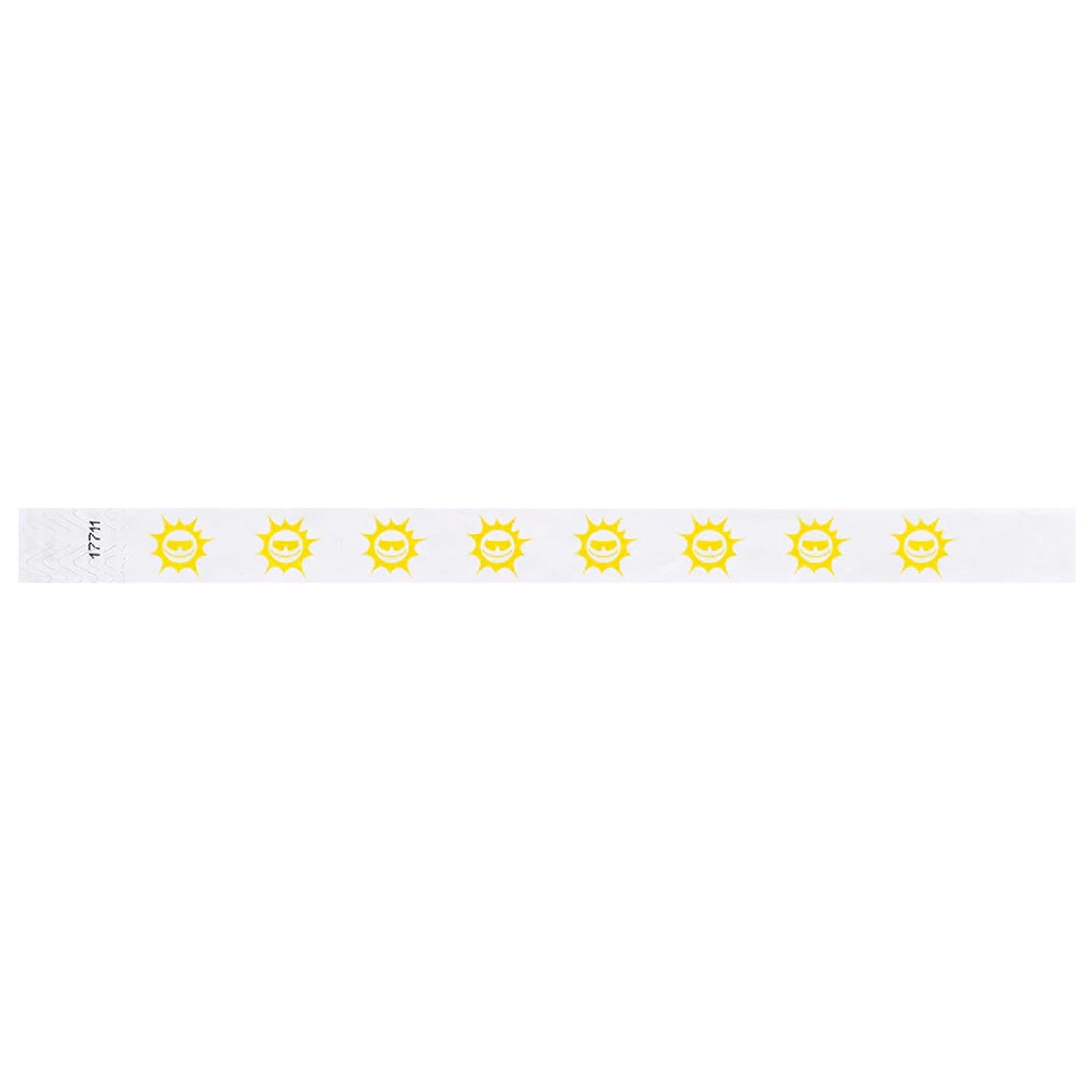 White tyvek wristband with pantone yellow sunface design - flat version shown