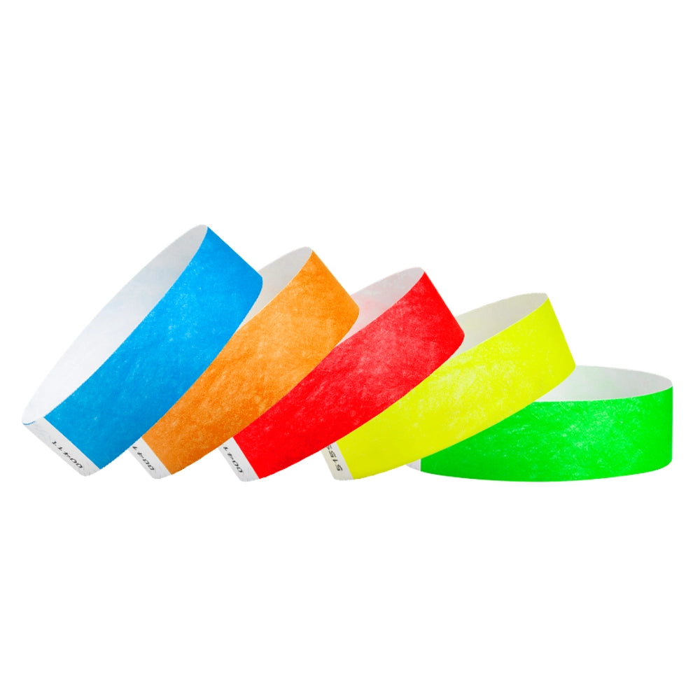 Tyvek wristbands shown in five colours - neon blue, neon orange, neon red, neon green and neon yellow - round version shown 