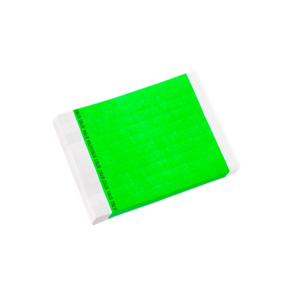 duplicate number in neon green tyvek 3/4" wristbands - shown in sheets of 10 