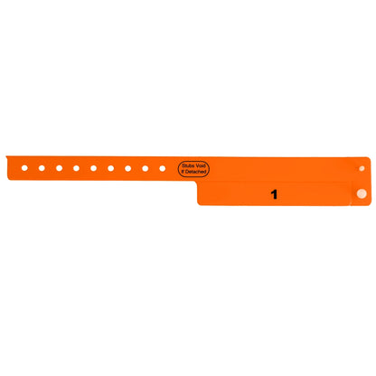vinyl wristband with 1 tab in neon orange - flat version shown 