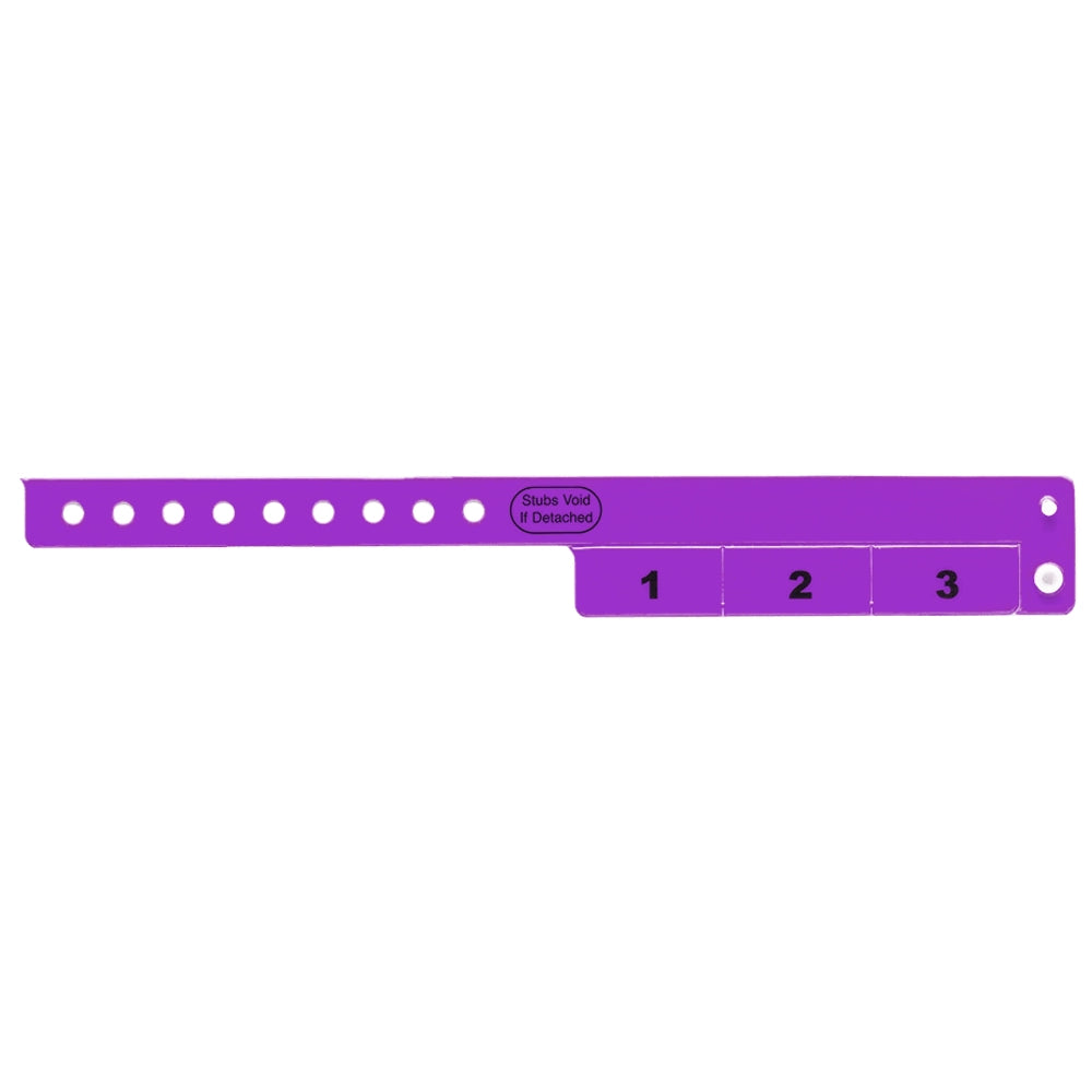 vinyl wristband with 3 tab in purple - flat version shown 