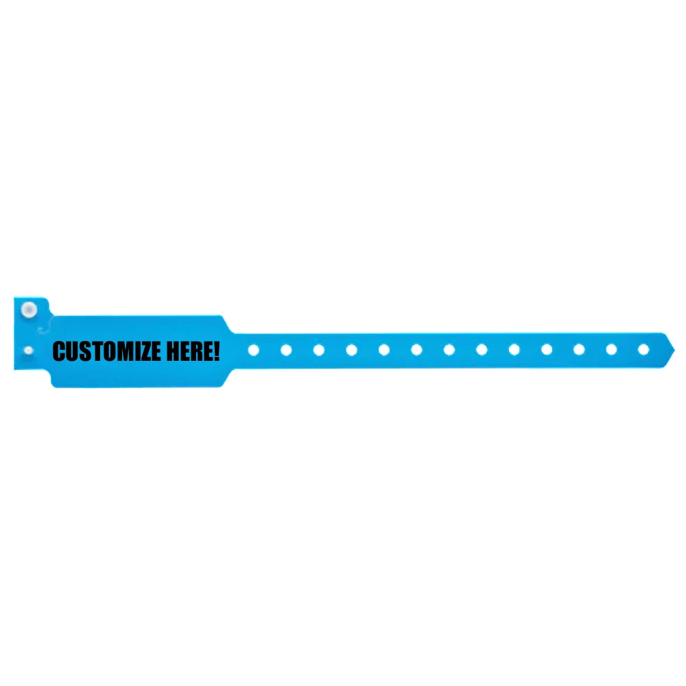 Plastic wide face wristband in neon blue with black text "CUSTOMIZE HERE!" - shown in flat 