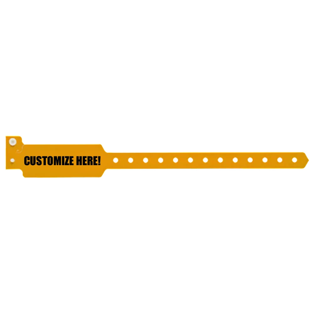 Plastic wide face wristband in neon orange with black text "CUSTOMIZE HERE!" - shown in flat 