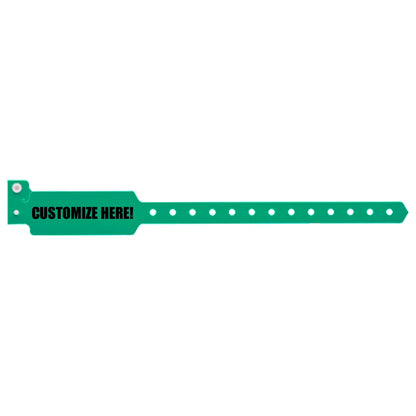 Plastic wide face wristband in pantone green with black text "CUSTOMIZE HERE!" - shown in flat 