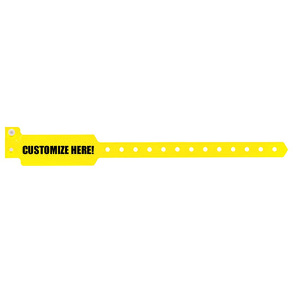 Plastic wide face wristband in pantone yellow with black text "CUSTOMIZE HERE!" - shown in flat 