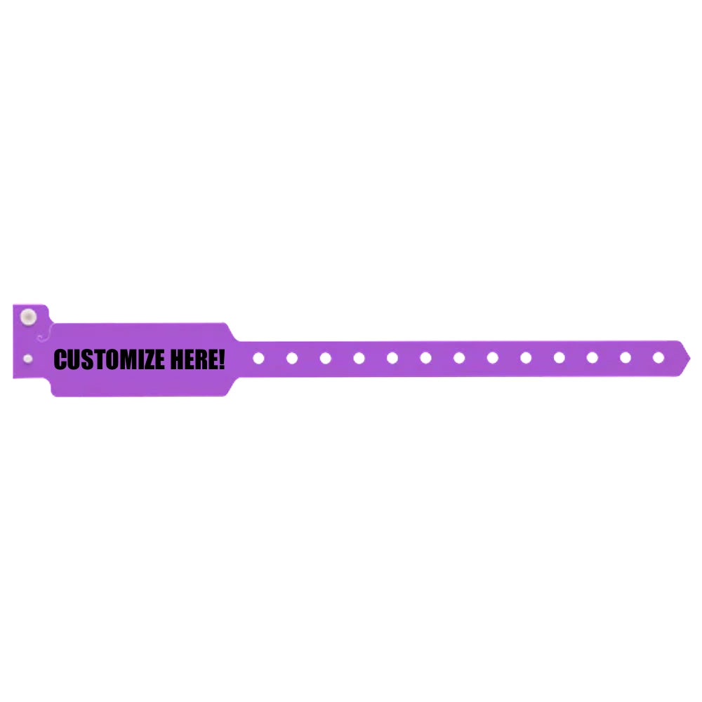 Plastic wide face wristband in purple with black text "CUSTOMIZE HERE!" - shown in flat 