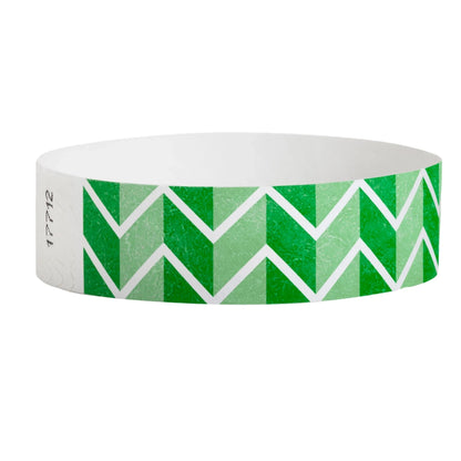 Green and white chevron patterned tyvek wristband - round version shown